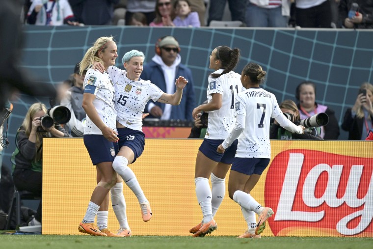 United States' Lindsey Horan, left, celebrates with her teammates from left United States' Megan Rapinoe, United States' Sophia Smith, and United States' Alyssa Thompson after scoring her side's 3rd goal during the Women's World Cup Group E soccer match between the United States and Vietnam at Eden Park in Auckland, New Zealand, Saturday, July 22, 2023.
