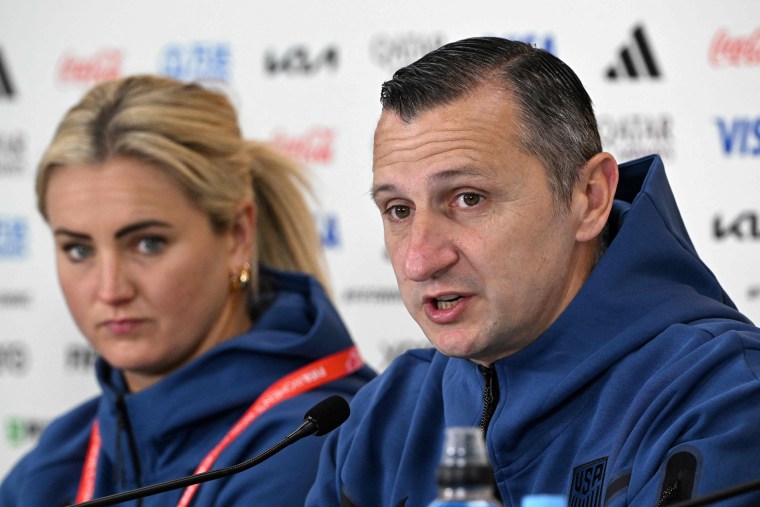 USA's Lindsey Horan and head coach Vlatko Andonovski at a news conference in Auckland on June 21, 2023. 