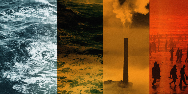 Side-by-side images of the Atlantic ocean, factory emissions, and silhouettes of people on a beach 