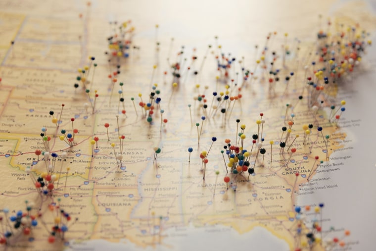 A map in Dr. Marci Bowers' office shows gender-affirming patients in the U.S.