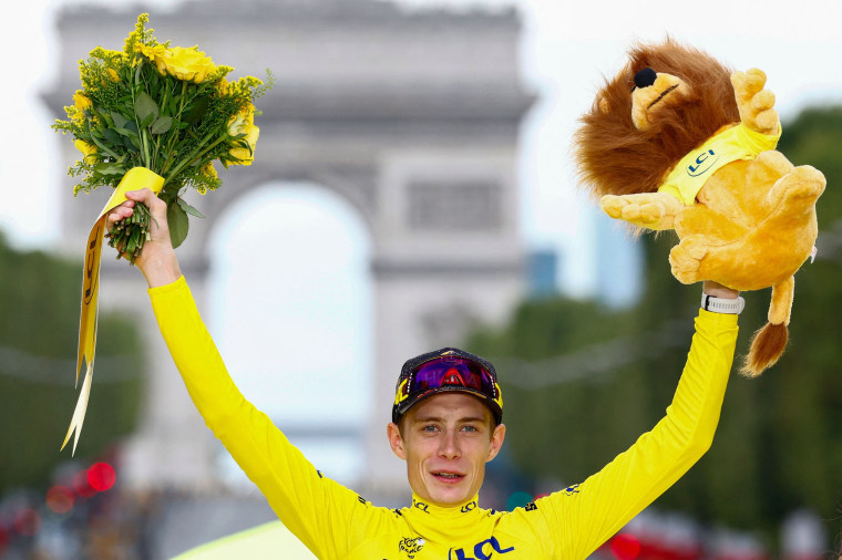 Jonas Vingegaard celebrates after winning the Tour de France in Paris, on July 23, 2023. 