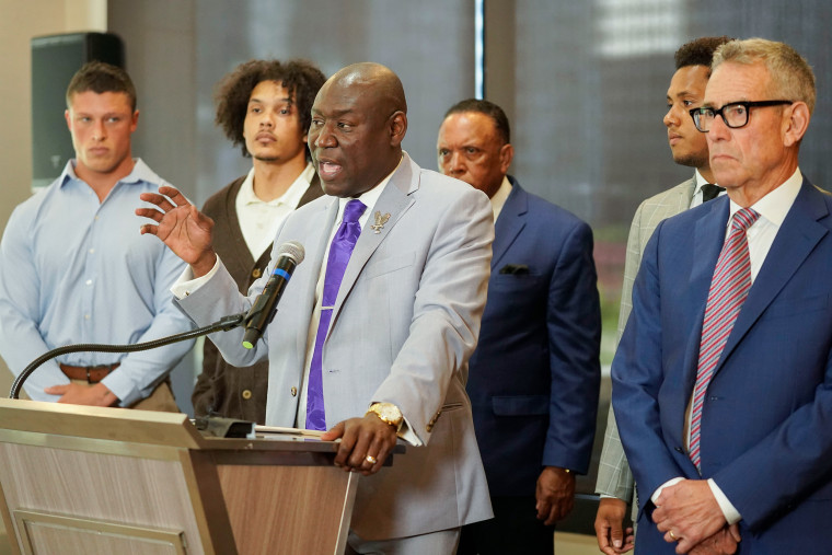 Attorney Ben Crump at a news conference about the widespread allegations of hazing at Northwestern University on July 19, 2023 in Chicago.