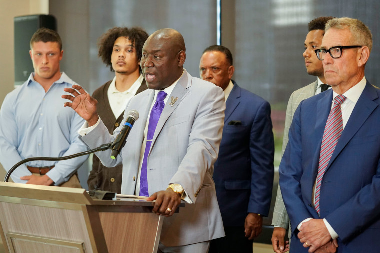 Attorney Ben Crump at a press conference addressing widespread hazing accusations at Northwestern University on July 19, 2023, in Chicago.