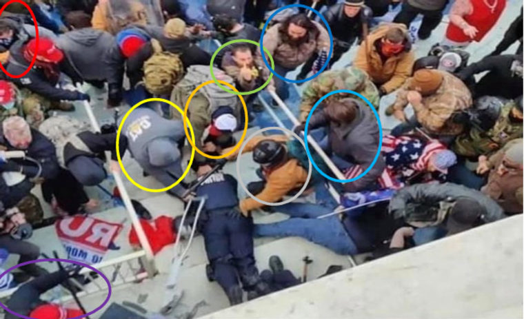 An aerial photograph was taken as members of the mob at the Capitol dragged a police officer down stairs and into the crowd. Peter Stager, top, is circled in dark blue. Others circled are also defendants. 