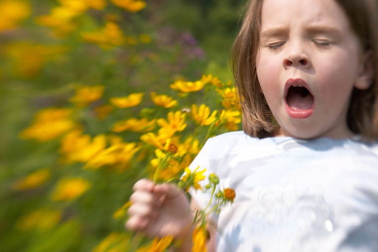 Girl sneezing ing field of flowers