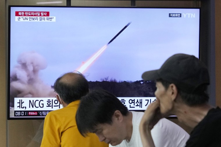 A TV screen shows a file image of North Korea's missile launch during a news program at the Seoul Railway Station in Seoul, South Korea, Tuesday, July 25, 2023. North Korea fired two short-range ballistic missiles into its eastern sea, South Korea's military said Tuesday, adding to a recent streak in weapons testing that is apparently in protest of the U.S. sending major naval assets to South Korea in a show of force.