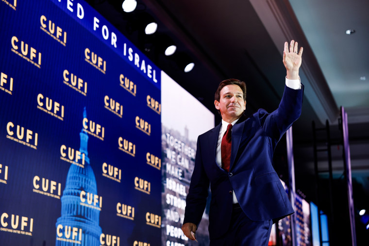 Republican presidential candidate Florida Governor Ron DeSantis departs after delivering remarks at the 2023 Christians United for Israel (CUFI) summit on July 17, 2023 in Arlington, Va. 