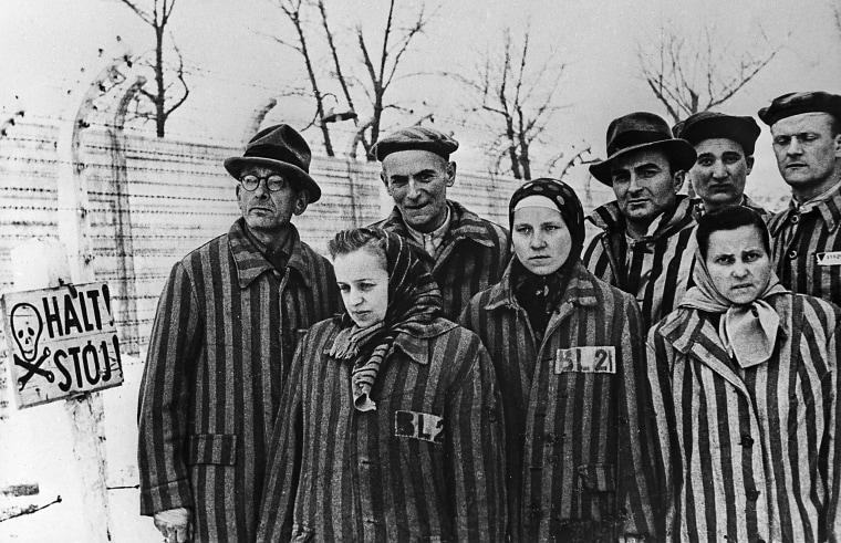 Prisoners of the Auschwitz concentration camp before its liberation by the Soviet army in 1945. 
