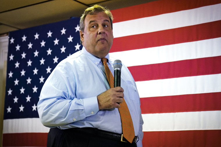 Image: Republican presidential candidate former New Jersey Gov. Chris Christie addresses a gathering during a campaign event at V.F.W. Post 1631 on July 24, 2023, in Concord, N.H.