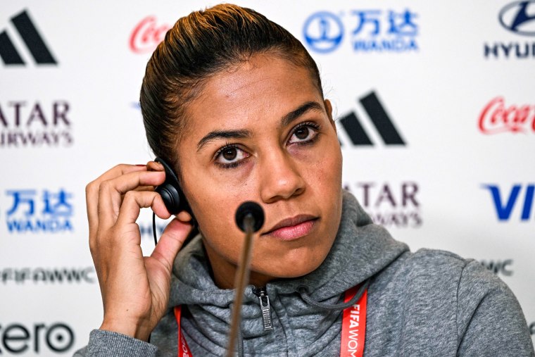 Image:  Morocco's captain Ghizlane Chebbak during a press conference in Melbourne on July 23, 2023