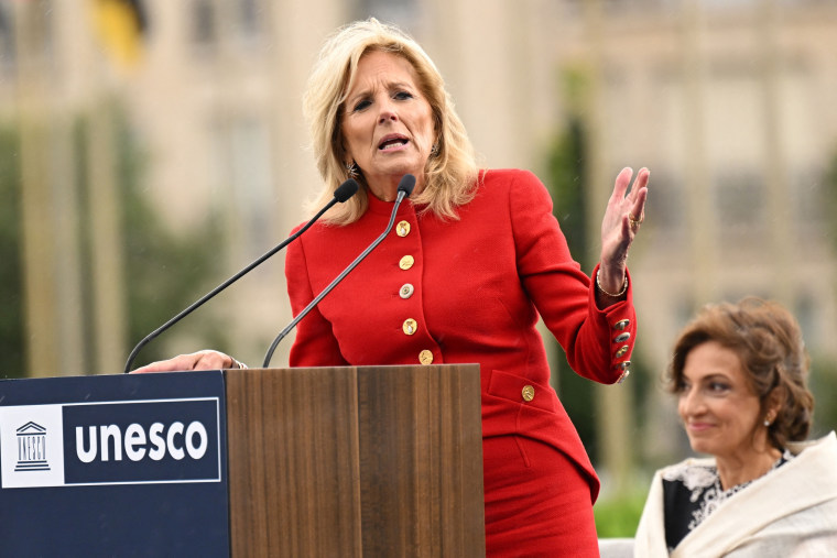 First lady Jill Biden speaks during a flag-raising ceremony at the UNESCO headquarters in Paris on July 25, 2023.