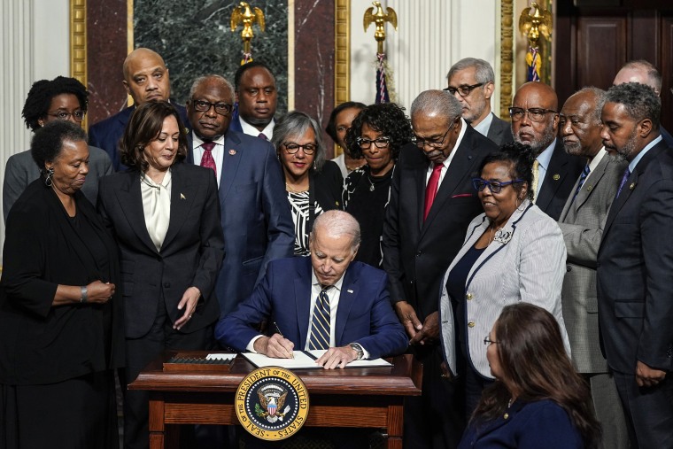 Image: President Joe Biden signs a proclamation to establish the Emmett Till and Mamie Till-Mobley National Monument, in the Indian Treaty Room on the White House campus on July 25, 2023.