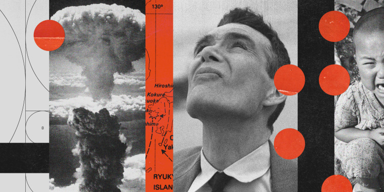 Photo illustration of the atomic bomb dropped on Hiroshima in 1945; maps detailing the bomb sites over Japan; Cillian Murphy in "Oppenheimer;" and a Japanese child crying among rubble after the atomic bomb was dropped on Hiroshima.