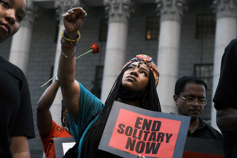 A protest in front of a New York City courthouse to demand an end to solitary confinement in New York’s prisons on June 7, 2021.