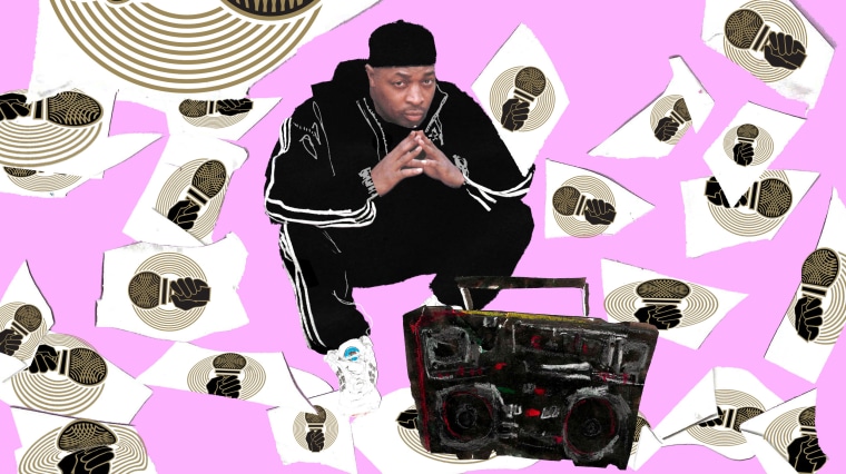 Photo Illustration: Chuck D surrounded by union signs, with a boombox