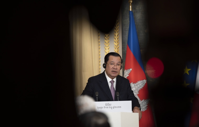 Hun Sen during a press conference at the Elysee presidential Palace in Paris