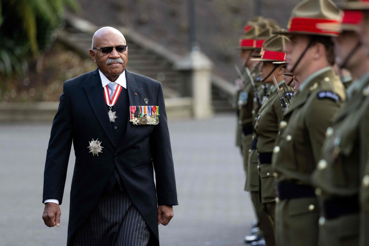 Sitiveni Rabuka during a welcome ceremony at Parliament in Wellington, New Zealand,