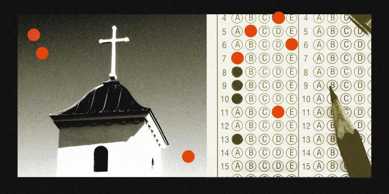 Side-by-side images of a church and a scantron test 