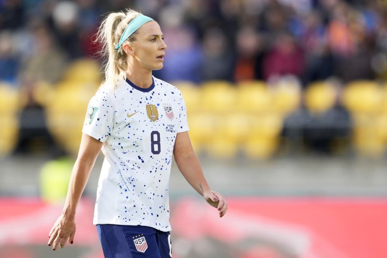 United States' Julie Ertz stands on the field during the first half of the FIFA Women's World Cup Group E soccer match between the United States and the Netherlands in Wellington, New Zealand, Thursday, July 27, 2023.