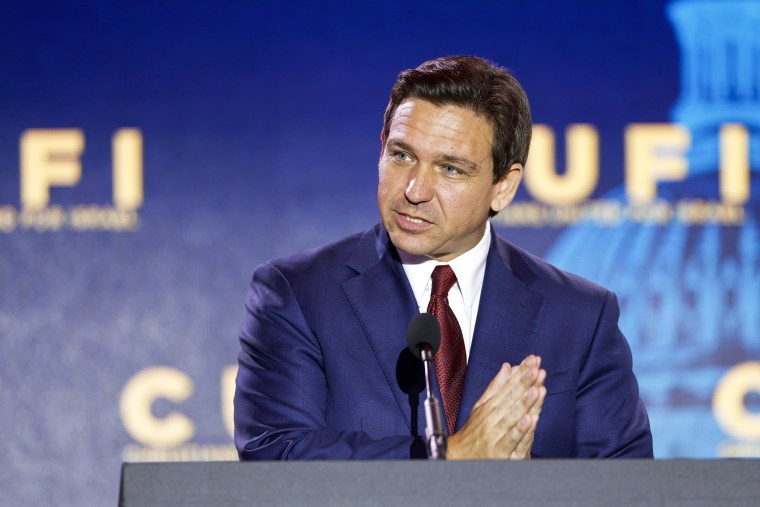 Republican presidential candidate Florida Governor Ron DeSantis delivers remarks at the 2023 Christians United for Israel summit on July 17, 2023 in Arlington, Virginia. For this year's summit, CUFI hosts 2024 Republican presidential candidates hopefuls to speak amidst other pro-Israel activists.