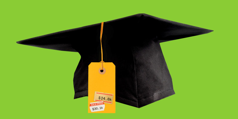 Photo illustration of a graduation cap with a price tag hanging from it, covered with price stickers saying $31,000 and $24,800