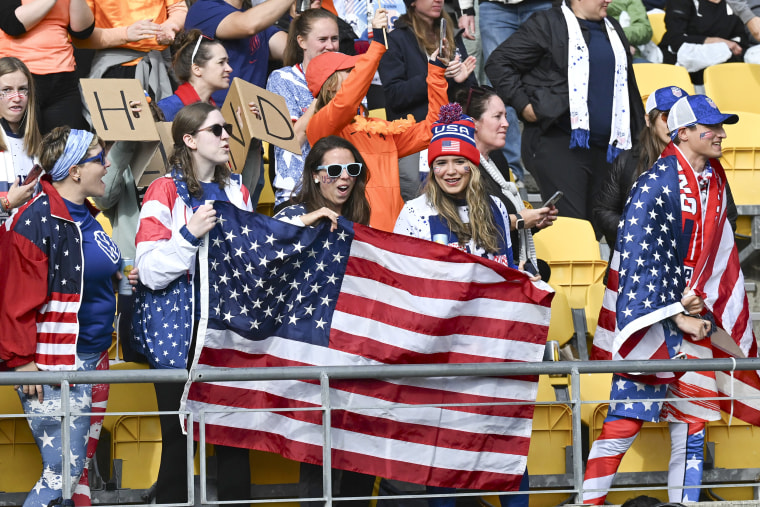Supporters of the U.S. react ahead of the Women's World Cup Group E soccer match between the United States and the Netherlands in Wellington, New Zealand, Thursday, July 27, 2023.