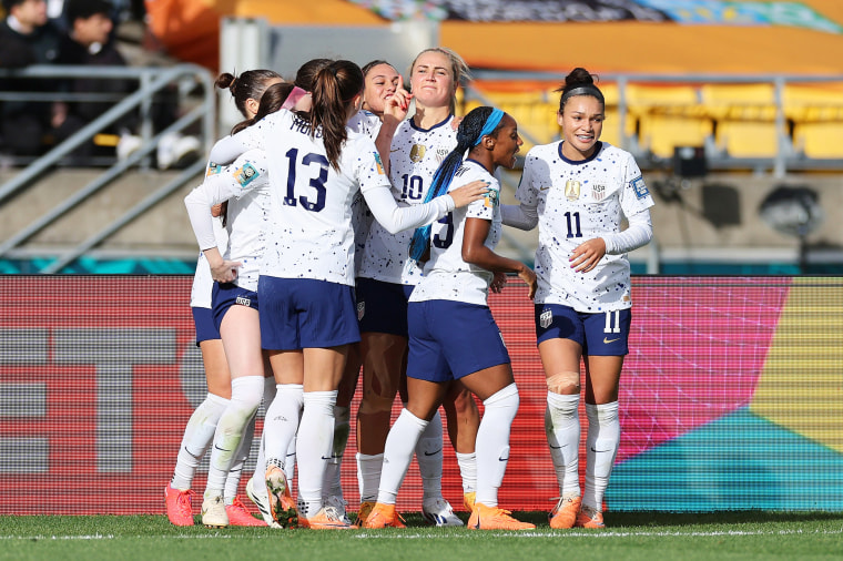 Lindsey Horan (3rd R) of USA celebrates with teammates after scoring her team's first goal during the FIFA Women's World Cup Australia & New Zealand 2023 Group E match between USA and Netherlands at Wellington Regional Stadium on July 27, 2023 in Wellington, New Zealand.