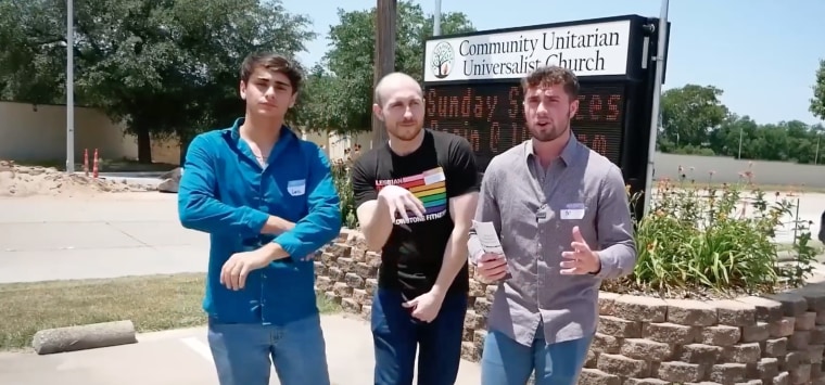 YouTubers Bo Alford, right, Cassady Campbell, center, and another man outside the Community Unitarian Universalist Church in Plano, Texas.