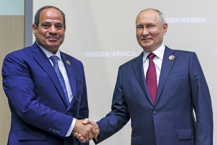 Russian President Vladimir Putin with Egypt's President Abdel Fattah El-Sisi, on the sidelines of the Russia Africa Summit in St. Petersburg on July 27, 2023. 