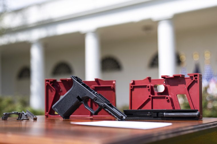 WASHINGTON, DC - APRIL 11: A ghost gun is displayed before the start of an event about gun violence in the Rose Garden of the White House April 11, 2022 in Washington, DC. Biden announced a new firearm regulation aimed at reining in ghost guns, untraceable, unregulated weapons made from kids. Biden also announced Steve Dettelbach as his nominee to lead the Bureau of Alcohol, Tobacco, Firearms and Explosives (ATF).