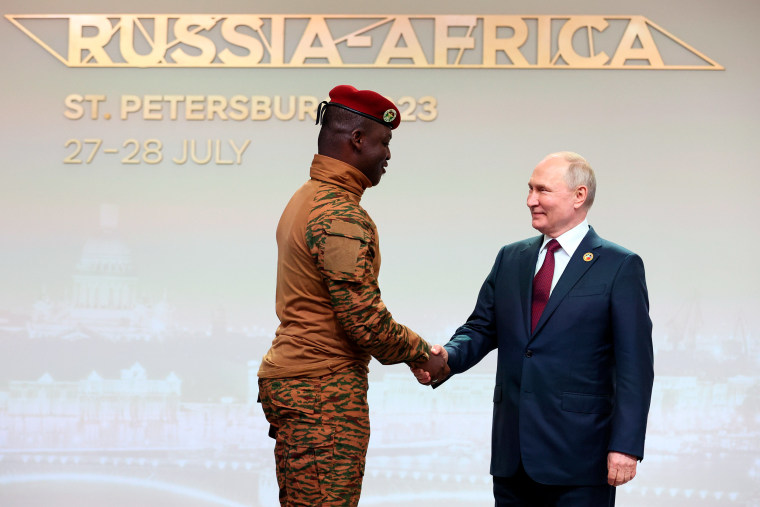 Burkina Faso's Capt. Ibrahim Traore, left, and Russian President Vladimir Putin at the Russia Africa Summit in St. Petersburg, on July 27, 2023.
