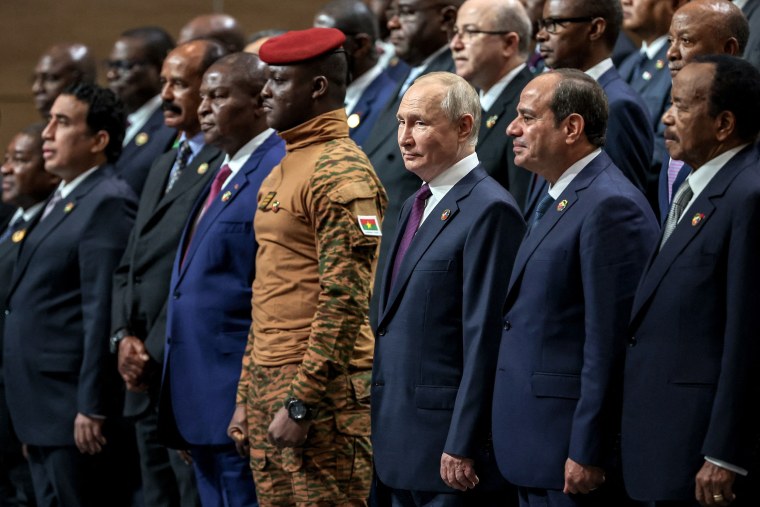 Russian President Vladimir Putin, African leaders and heads of delegations pose at the second Russia-Africa summit in Saint Petersburg on July 28, 2023. 