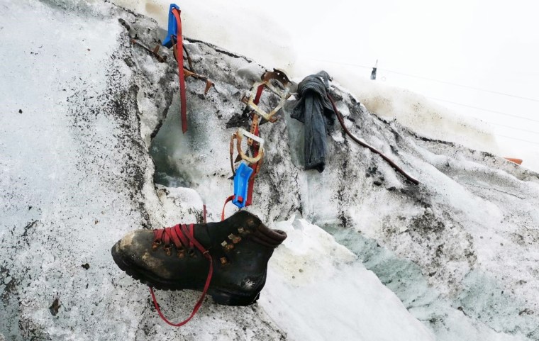 A boot that belonged to a German climber who disappeared while hiking along Switzerland's Theodul Glacier in in Zermatt, Switzerland