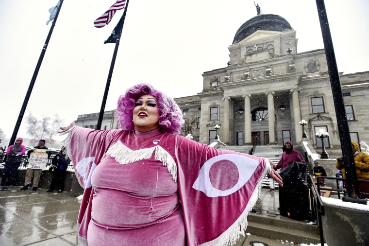 A drag queen performs during a protest at the Montana Capitol