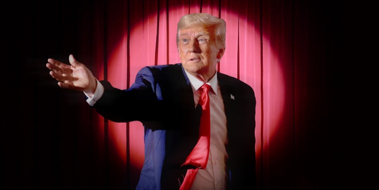 Photo Illustration: Donald Trump standing in a spotlight, waving his hand in a dramatic gesture