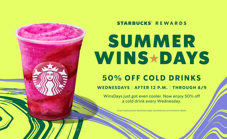 Starbucks is offering 50% off cold drinks purchased after 12 p.m. every Wednesday for a limited time.