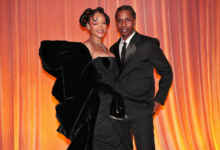 Rihanna and A$AP Rocky attend the 80th Annual Golden Globe Awards held at the Beverly Hilton Hotel on January 10, 2023 in Beverly Hills, California. 