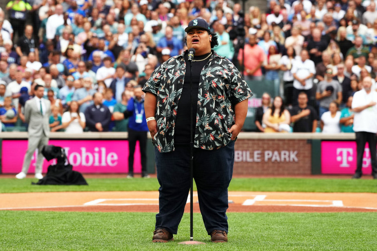 Iam Tongi sings the national anthem prior to the T-Mobile Home Run Derby at T-Mobile Park on Monday, July 10, 2023 in Seattle, Washington. 
