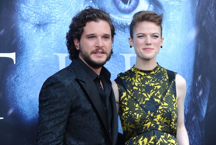 Kit Harington and actress Rose Leslie attend the season 7 premiere of "Game Of Thrones" at Walt Disney Concert Hall on July 12, 2017 in Los Angeles, California.  