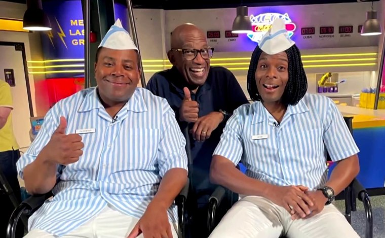 Al Roker with Kenan Thompson and Kel Mitchell on the "Good Burger 2" set.