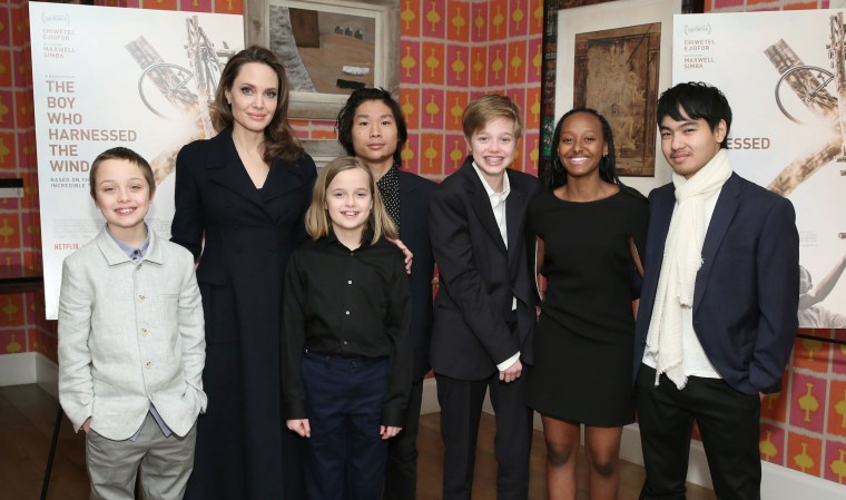 Angelina Jolie with her children Knox, Vivienne, Pax, Shiloh, Zahara and Maddox at "The Boy Who Harnessed The Wind" screening at Crosby Street Hotel on Feb. 25, 2019 in New York City.