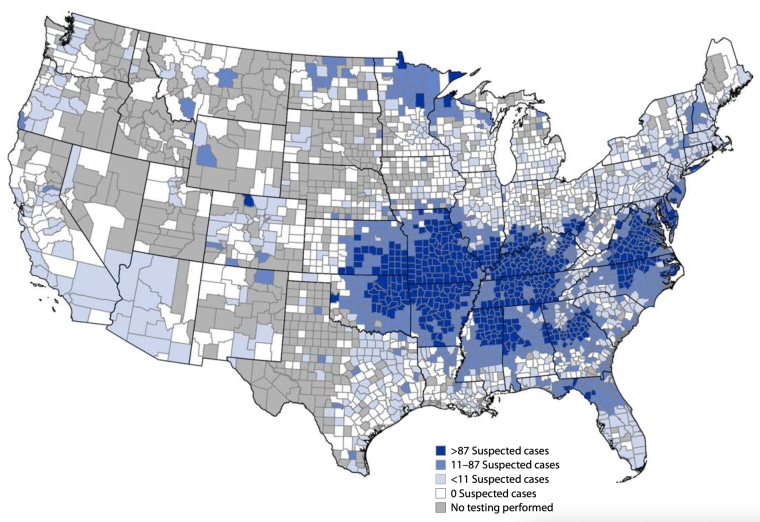 A July 2023 map from the CDC shows where in the U.S. alpha-gal syndrome is most diagnosed. The condition is spread through the bite of a lone star tick. 