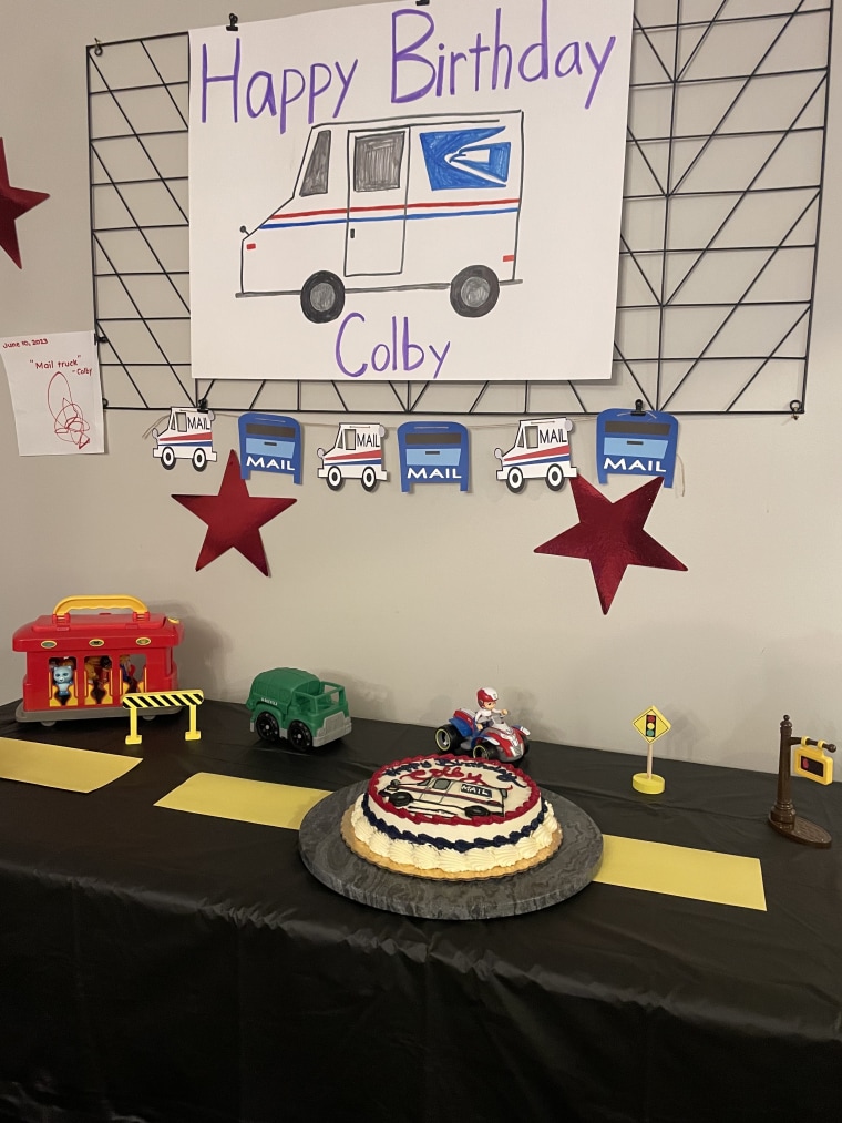 Colby's mail truck-themed birthday party decorations.