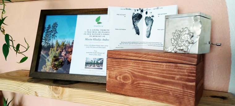 The keepsakes and memorial Elena Andres has for her daughter, Maxine, who was born stillborn at 37 weeks gestation.