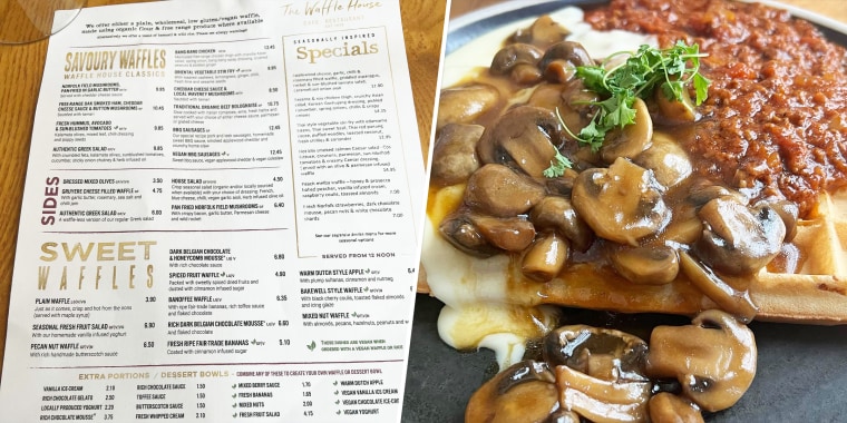 Hugh Jackman's order at Waffle House in England included a waffle slathered in mushrooms (right).