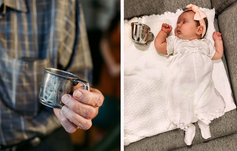 Fred Vollman holds the cup he used as a baby. He gifted a replica of this cup for his friend, Olivia Savoie, after having her first baby. Olivia Savoie was commissioned to write the biography and family history for Mr. Vollman which turned into a friendship after the two bonded during the process.