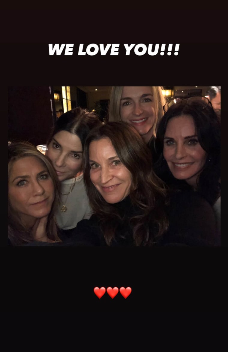 Jennifer Aniston (left) and Courteney Cox (right) spend some quality time with birthday girl Sandra Bullock (second from left).
