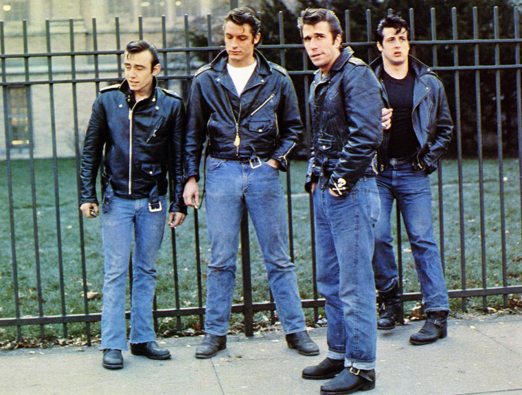 The Lords of Flatbush, from left: Paul Mace, Perry King, Henry Winkler, Sylvester Stallone, 1974.
