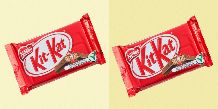 Two Kit Kat bars, one with a hyphen in the logo and one without.