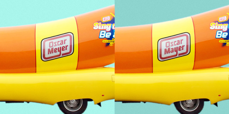 Two images of the Oscar Mayer Wienermobile, the left image has the logo spelled as "Oscar Meyer/"